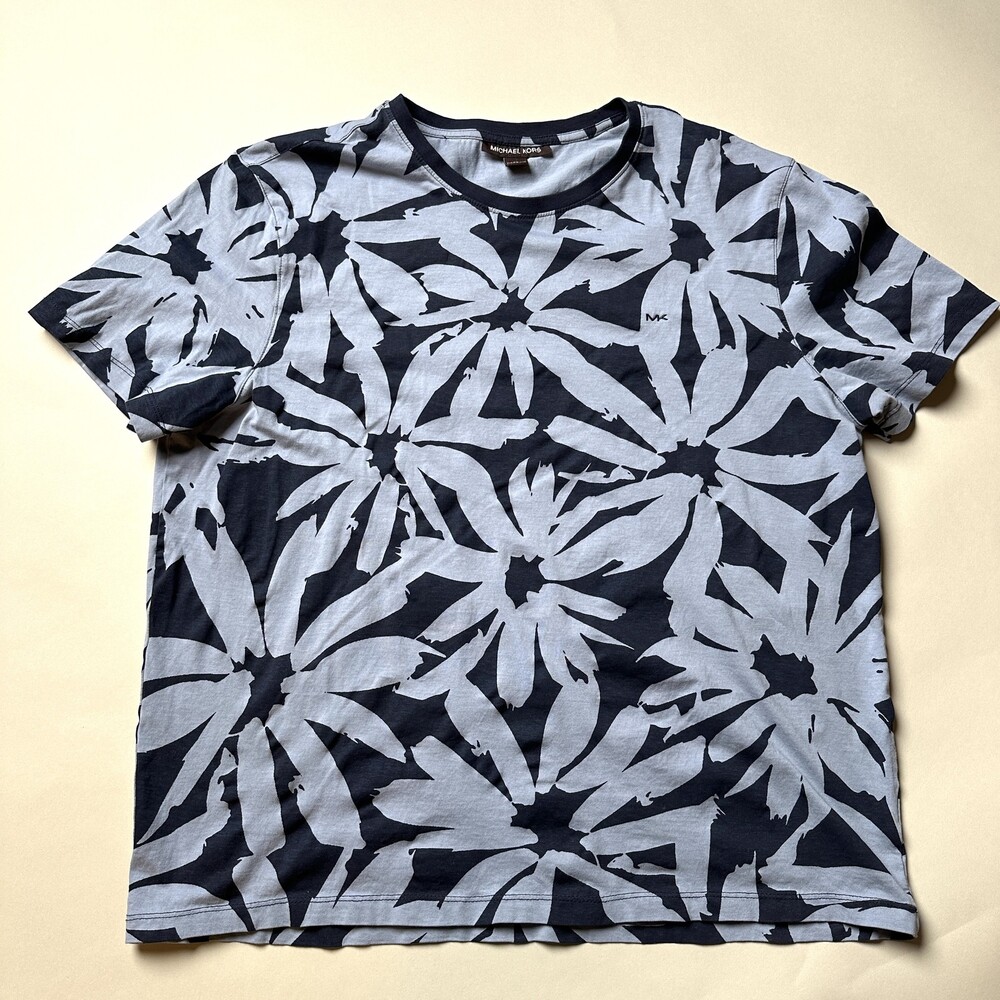 Michael Kors Shirt Mens XL Blue White Floral Print Crewneck Short Sleeve Tee